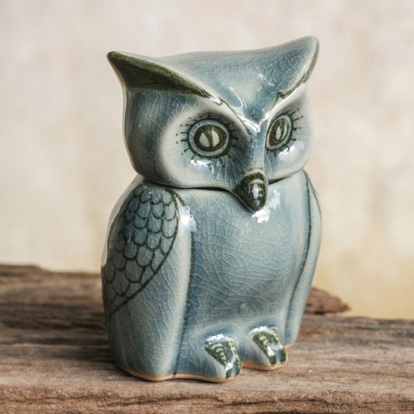 Alternate image for Artisan Crafted Small Blue Ceramic Owl Storage Jar Happy Blue Owl