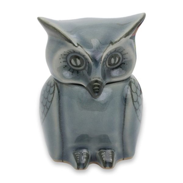 Alternate image for Artisan Crafted Small Blue Ceramic Owl Storage Jar Happy Blue Owl