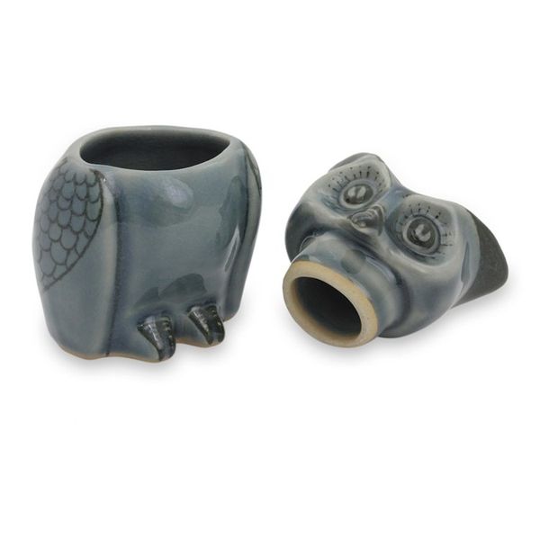 Alternate image for Artisan Crafted Small Blue Ceramic Owl Storage Jar Happy Blue Owl