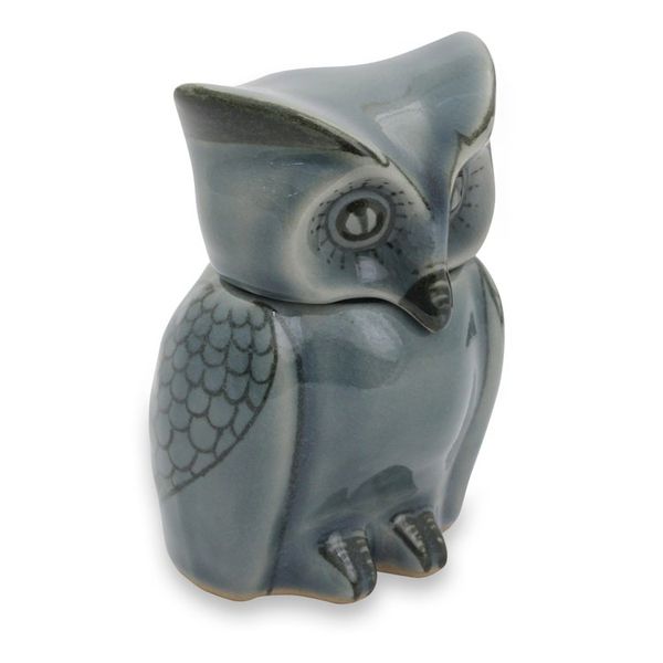 Alternate image for Artisan Crafted Small Blue Ceramic Owl Storage Jar Happy Blue Owl
