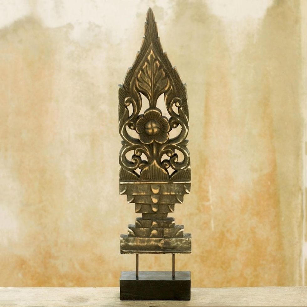 Hand Made Wood Floral Sculpture Gold Tone from Thailand 'Royal Flowers'
