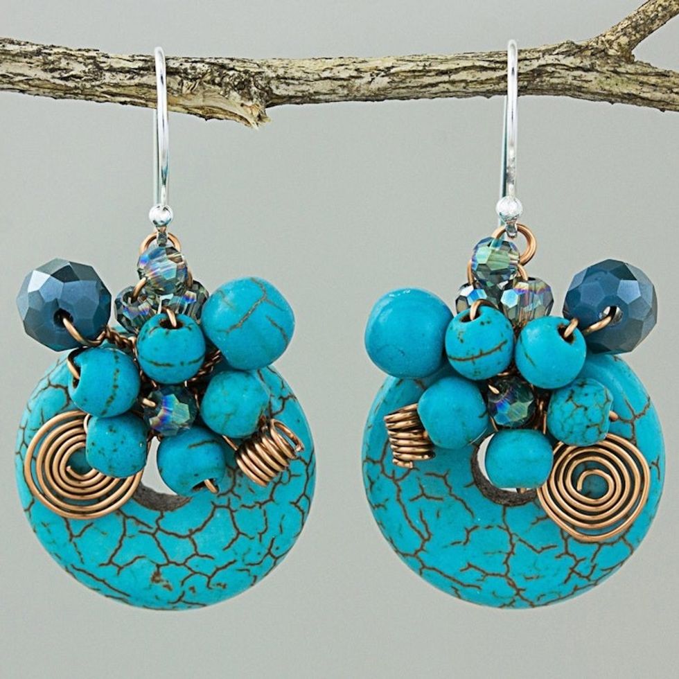 Dyed Calcite Sterling Silver Dangle Earrings from Thailand 'Moonlight Garden in Blue'