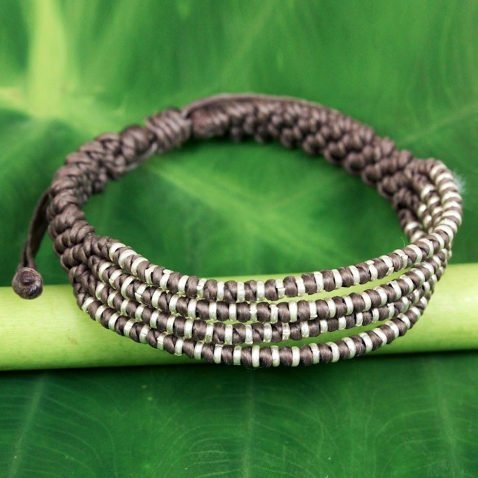 Hand Knotted Grey Cord Bracelet with Silver Accents 'Grey Chiang Mai Quartet'