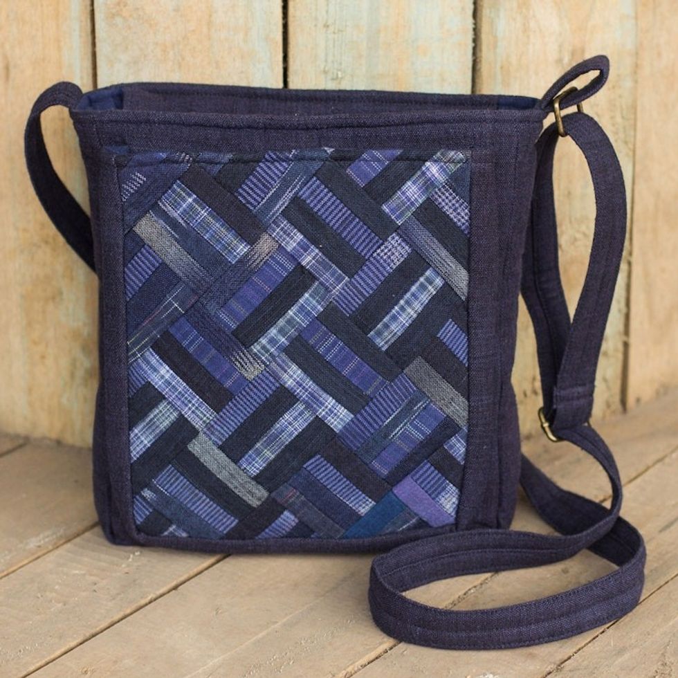 Blue Cotton Thai Applique Shoulder Bag with 3 Pockets 'Blue Siam'