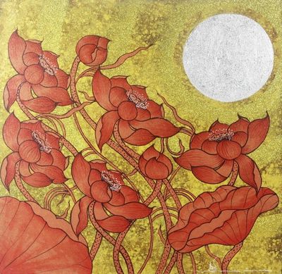 Alternate image for Thai Red Lotus Painting with Gold and Silver Foil Earthy Blossom II
