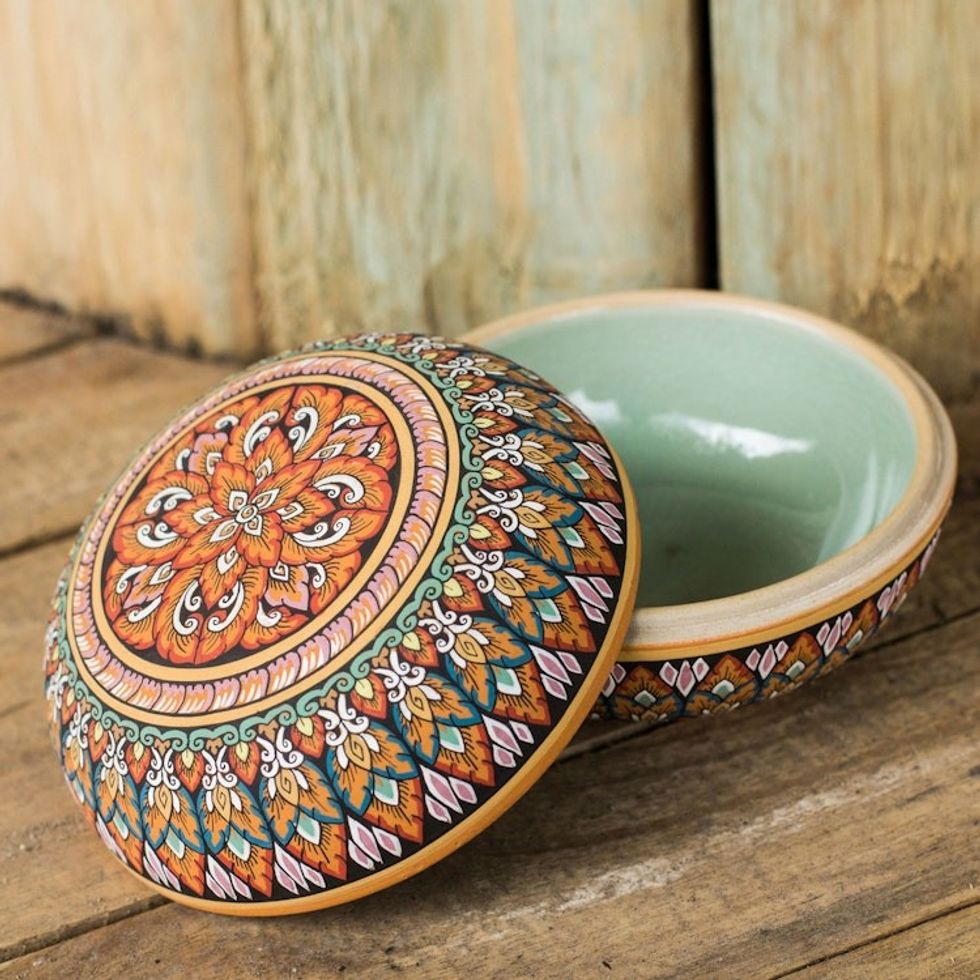Fair Trade Thai Painted Celadon Ceramic Round Jewelry Box 'Thai Temptation'
