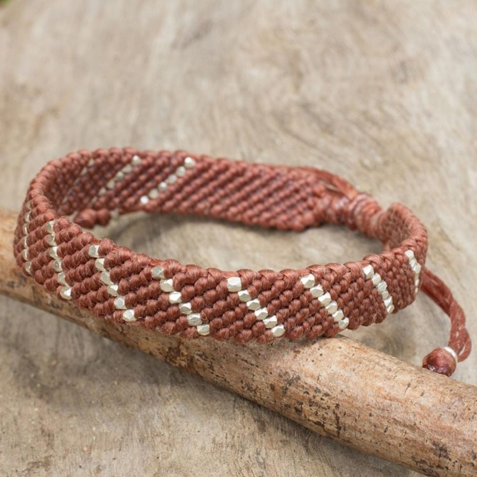 Hill Tribe Silver Modern Brown Macrame Bracelet 'Cinnamon Spin'
