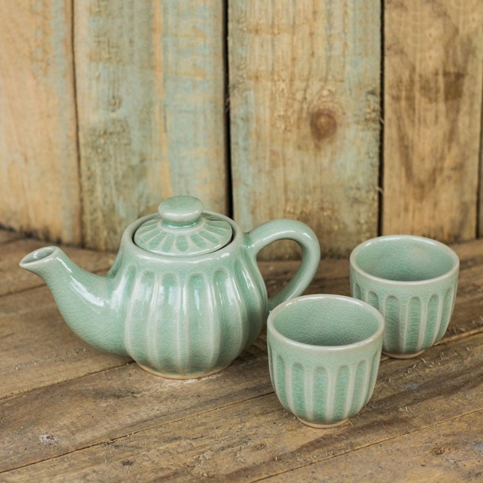 Ridged Green Ceramic Teapot and Teacup Set Set for 2 'Thai Mint'