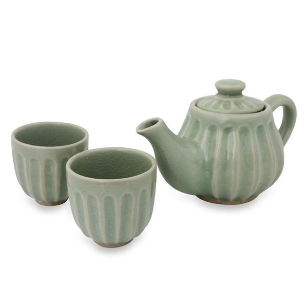 Alternate image for Ridged Green Ceramic Teapot and Teacup Set Set for 2 Thai Mint