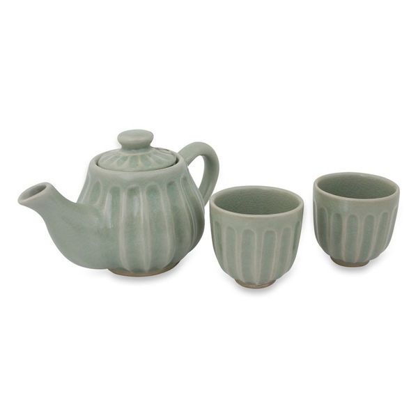 Alternate image for Ridged Green Ceramic Teapot and Teacup Set Set for 2 Thai Mint