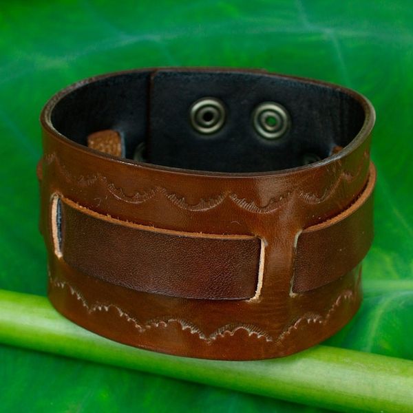 Alternate image for Hand Tooled Brown Leather Wristband Bracelet for Men Western Brown