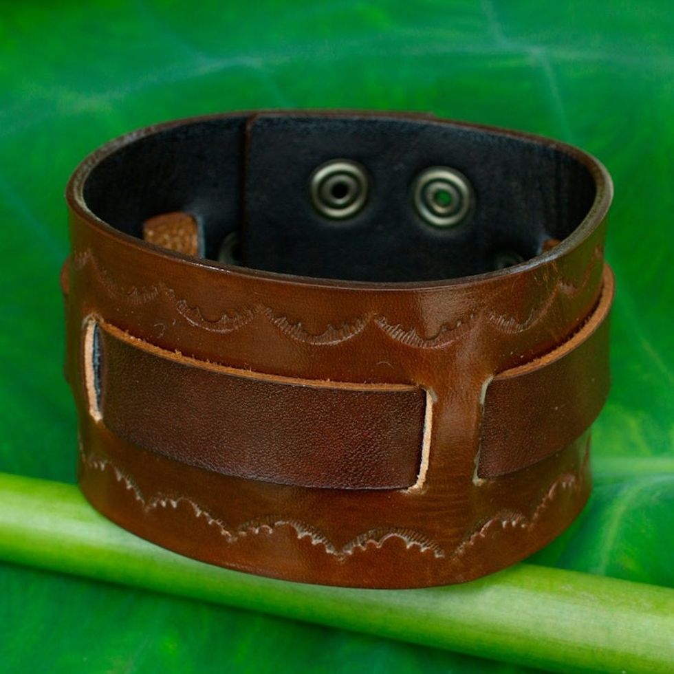 Hand Tooled Brown Leather Wristband Bracelet for Men 'Western Brown'