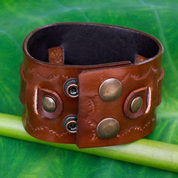 Alternate image for Hand Tooled Brown Leather Wristband Bracelet for Men Western Brown