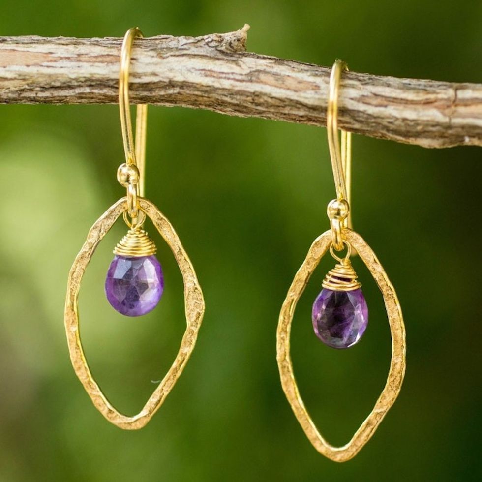 Gold Plated Handcrafted Earrings with Amethyst 'Swinging Ellipses'