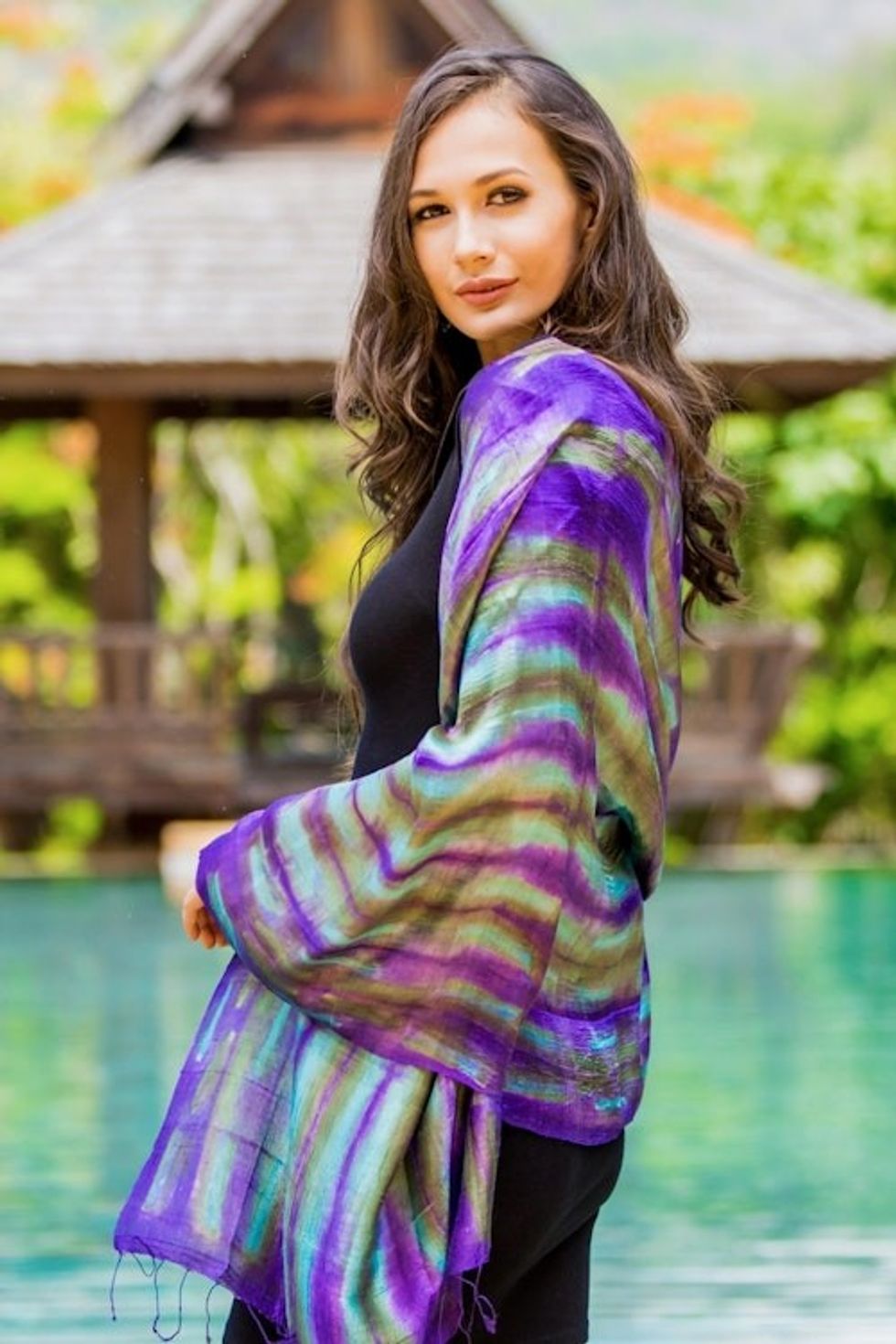 Purple and Green Tie Dyed Silk Shawl from Thailand 'Colorful Thai River'