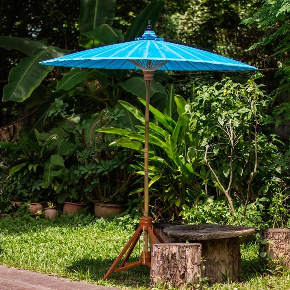 Handmade Blue Cotton and Bamboo Garden Umbrella 'Happy Garden in Turquoise'