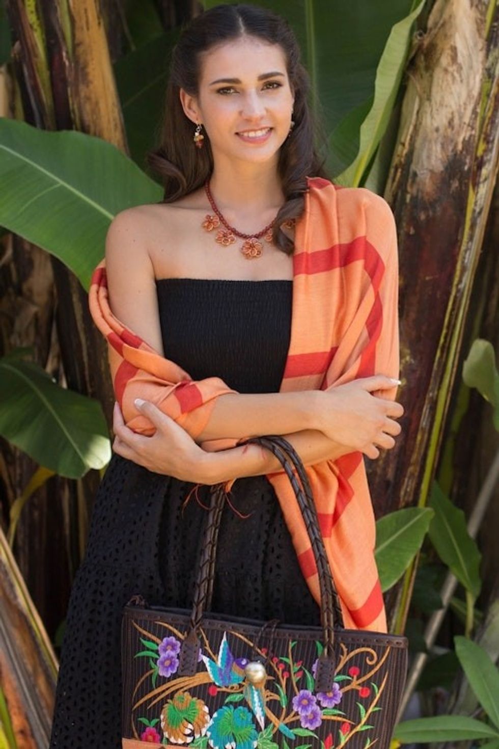 Hand Woven Orange Striped Silk Blend Shawl from Thailand 'Friendly Touch'