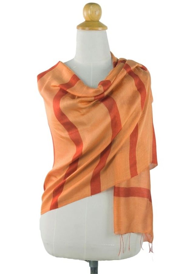 Alternate image for Hand Woven Orange Striped Silk Blend Shawl from Thailand Friendly Touch