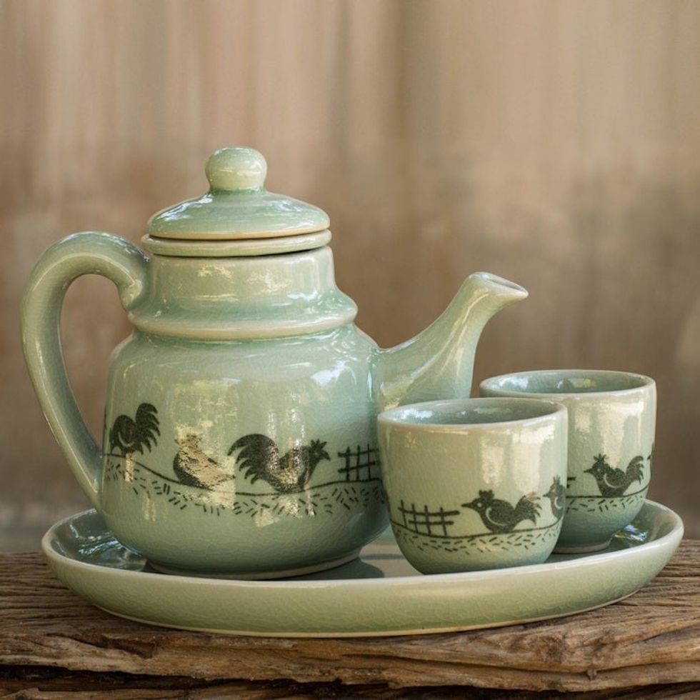 Green Thai Celadon Ceramic Tea Set for Two 'Cute Chicks'