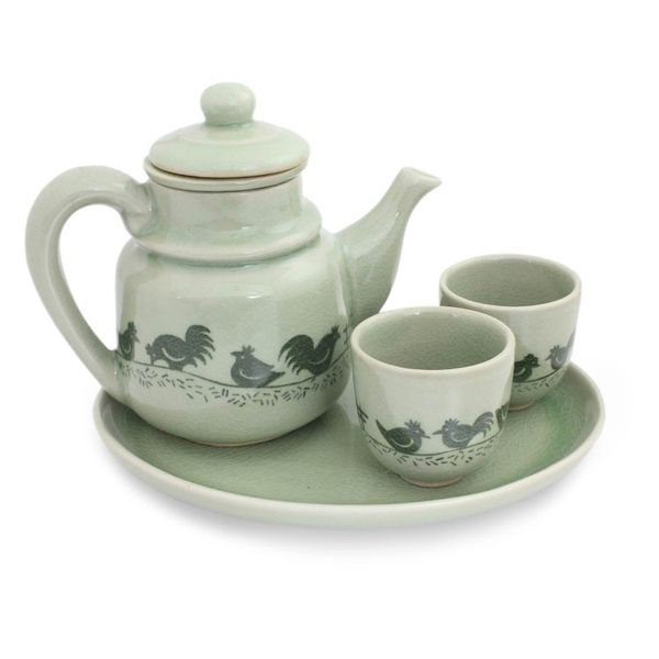 Alternate image for Green Thai Celadon Ceramic Tea Set for Two Cute Chicks