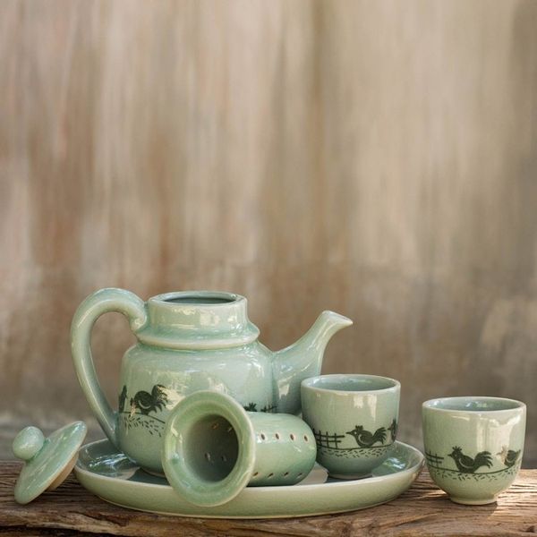Alternate image for Green Thai Celadon Ceramic Tea Set for Two Cute Chicks