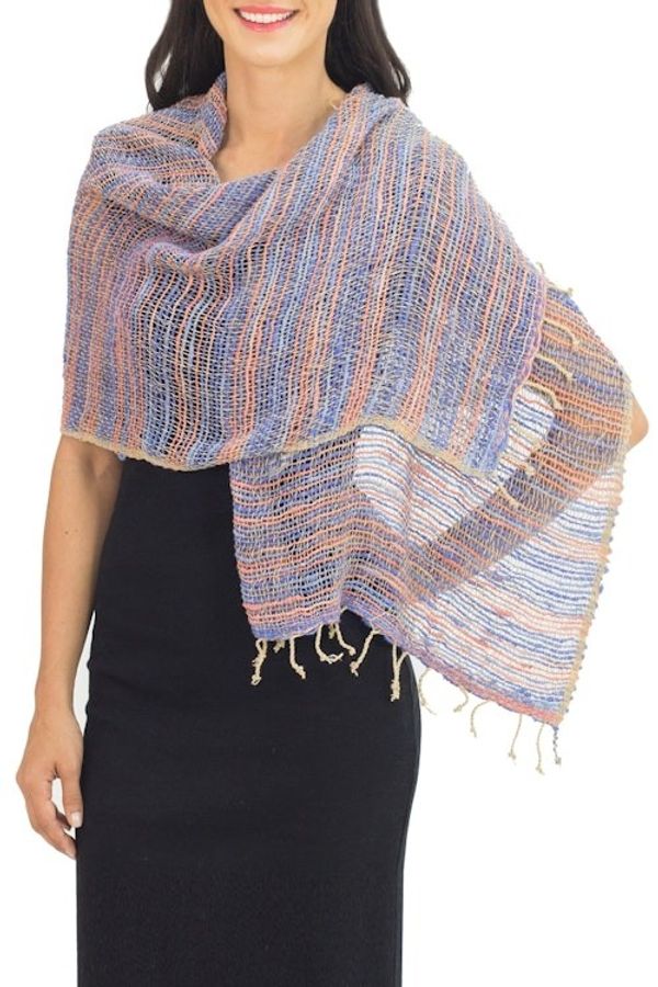 Alternate image for Blue Pink and Brown Hand Woven Cotton Shawl Thai Wrap Breeze of Blue Pink