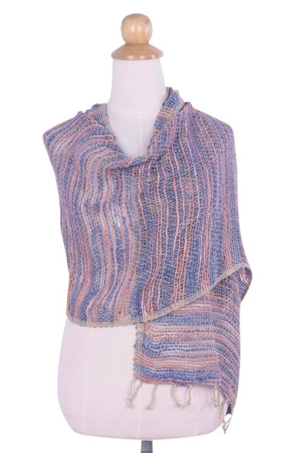 Alternate image for Blue Pink and Brown Hand Woven Cotton Shawl Thai Wrap Breeze of Blue Pink