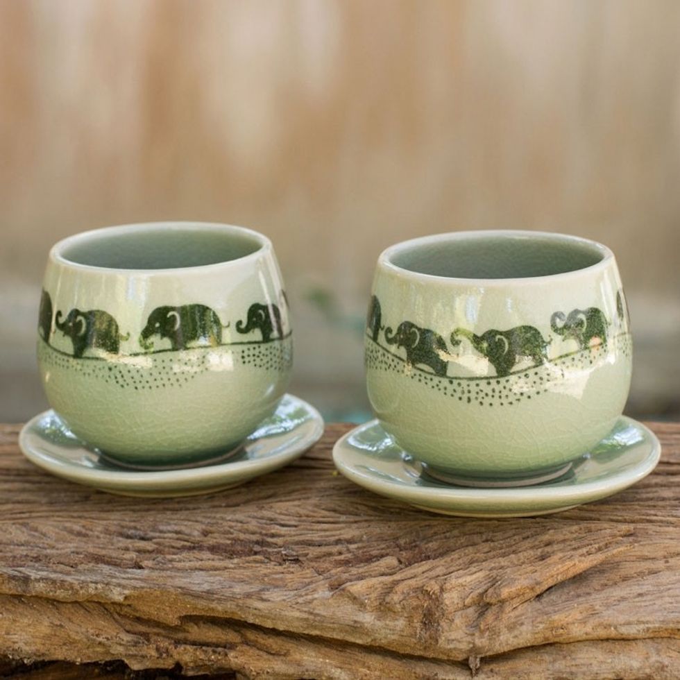 Green Celadon Elephant Teacups and Saucers Set for 2 'Prancing Elephants'