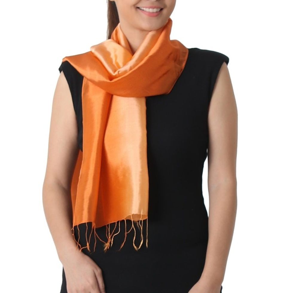 Shimmering Rayon and Silk Blend Scarf in 2-tone Orange 'Shimmering Daisy'