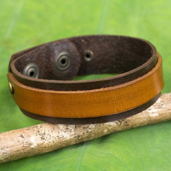 Alternate image for Handmade Two Tone Brown Leather Bracelet with Snaps Rough and Tumble in Brown