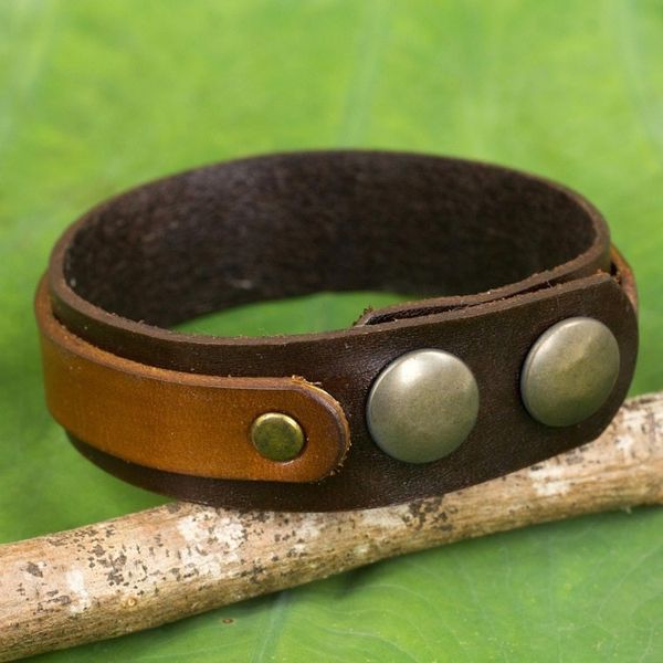 Alternate image for Handmade Two Tone Brown Leather Bracelet with Snaps Rough and Tumble in Brown