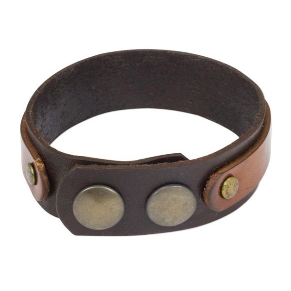 Alternate image for Handmade Two Tone Brown Leather Bracelet with Snaps Rough and Tumble in Brown