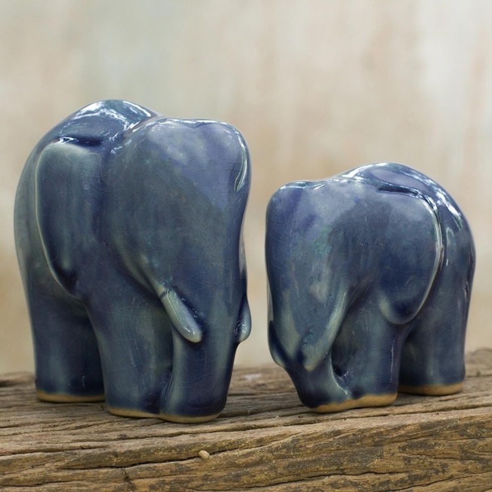 Handmade Blue Celadon Ceramic Elephant Figurines Pair 'Elephant Bond in Dark Blue'