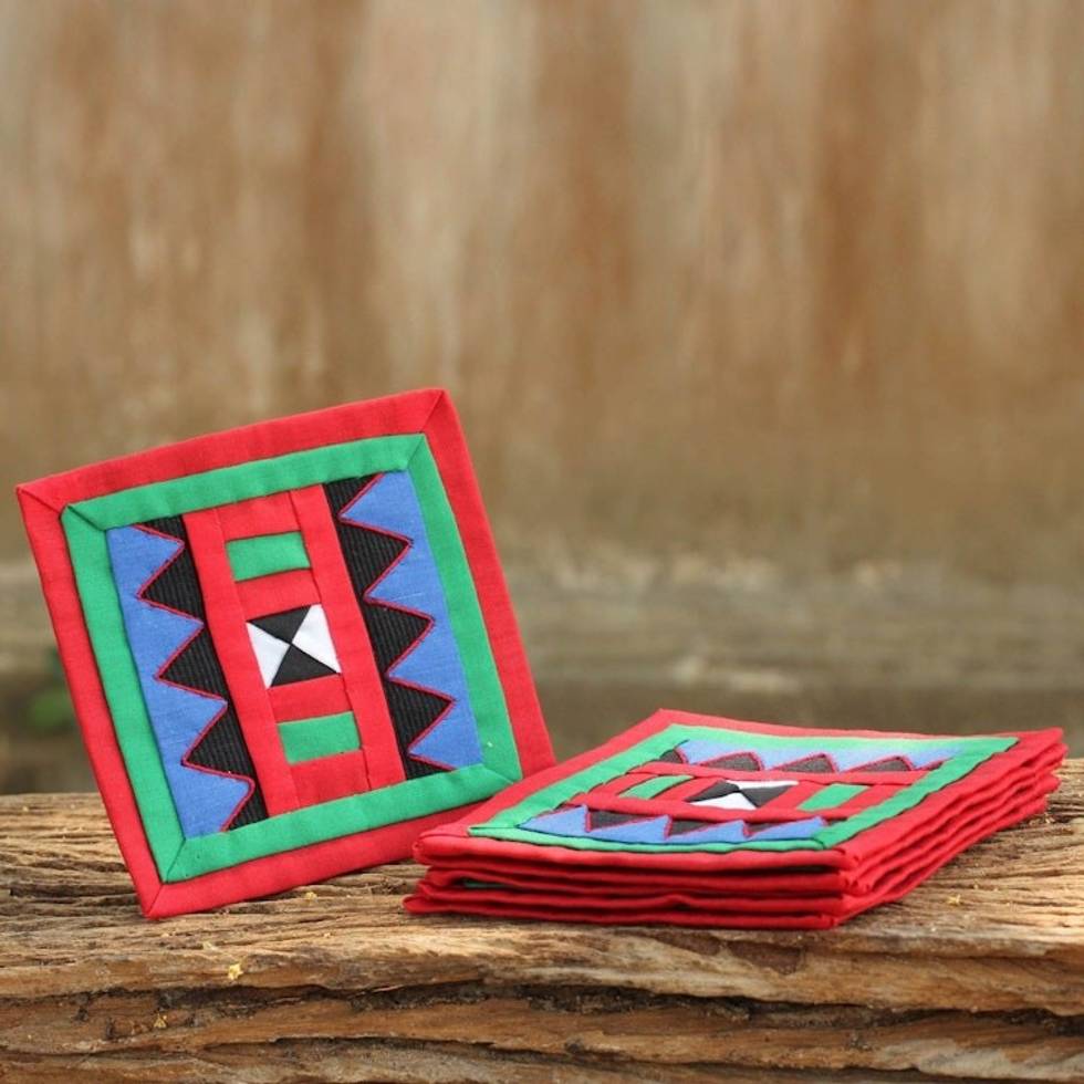 Handwoven Lahu Hill Tribe Red and Green Cotton Coasters 'Festivities'