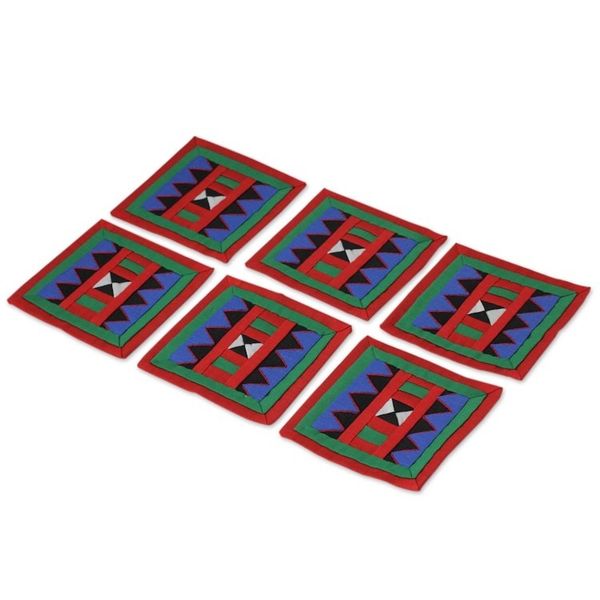 Alternate image for Handwoven Lahu Hill Tribe Red and Green Cotton Coasters Festivities