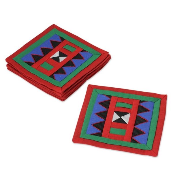 Alternate image for Handwoven Lahu Hill Tribe Red and Green Cotton Coasters Festivities