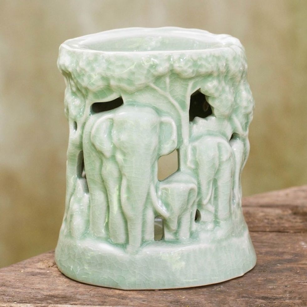 Green Ceramic Clay Oil Warmer Handcrafted Thailand Elephants 'Lush Thai Forest'