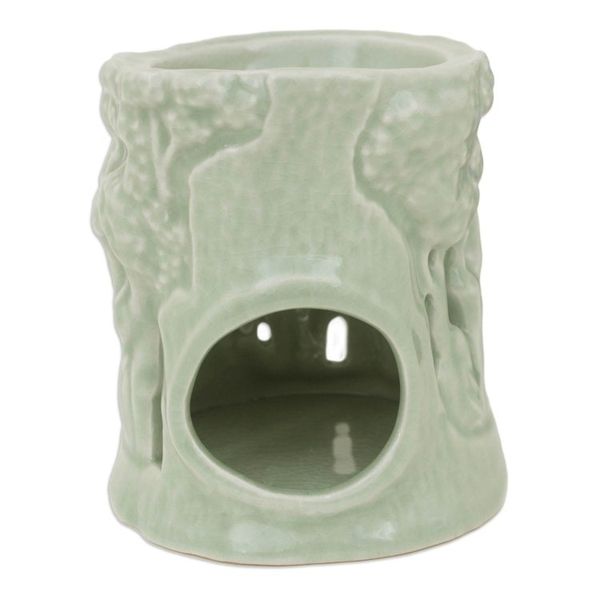 Alternate image for Green Ceramic Clay Oil Warmer Handcrafted Thailand Elephants Lush Thai Forest