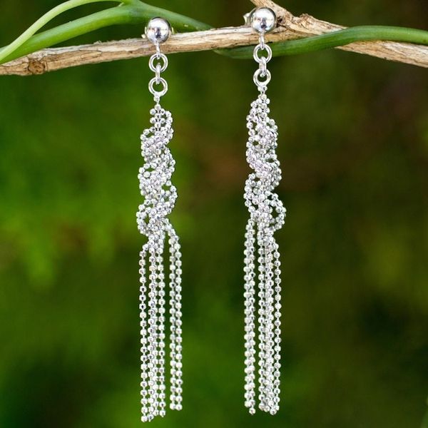 Alternate image for Fair Trade Sterling Silver Ball Chain Waterfall Earrings Helix Fringe