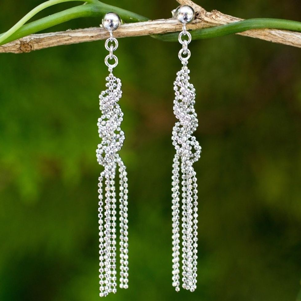 Fair Trade Sterling Silver Ball Chain Waterfall Earrings 'Helix Fringe'