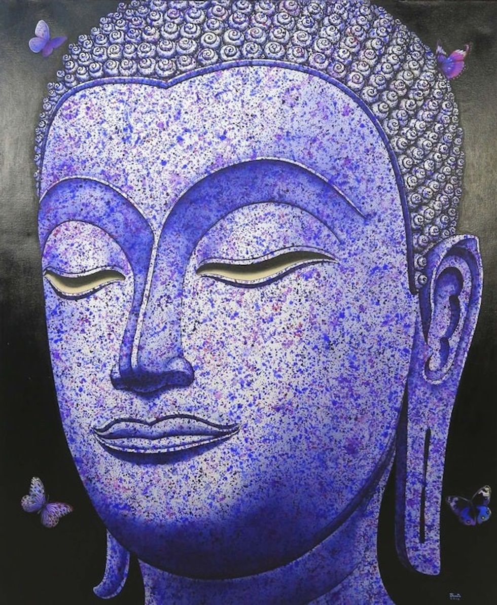 Thai Painting of Purple Sukhothai Buddha with Butterflies 'Buddha Image in Purple'