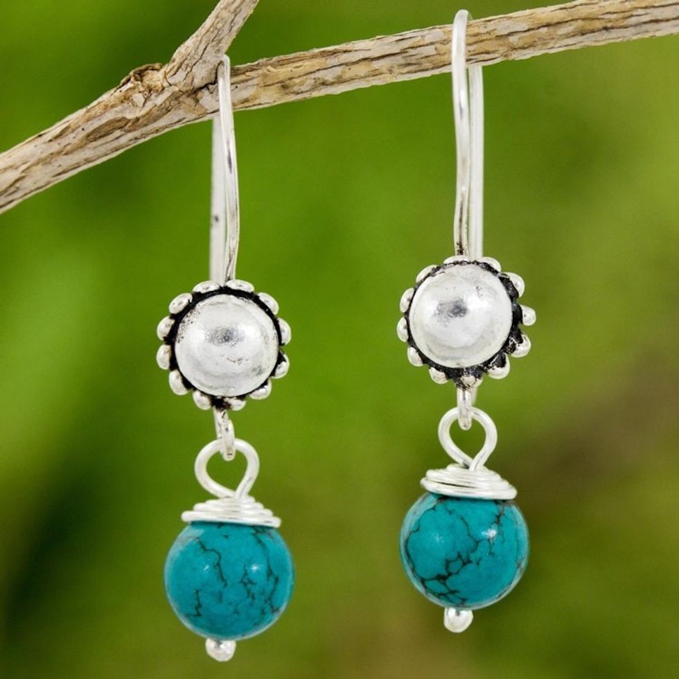 Artisan Crafted Calcite and Sterling Silver Dangle Earrings 'Solar Blue'