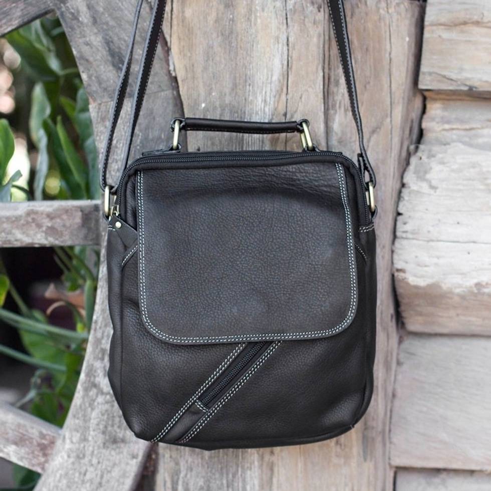 Fair Trade Thai Black Leather Handcrafted Shoulder Bag 'Voyager in Black'