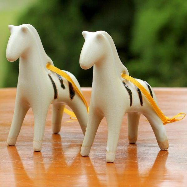 Alternate image for Handmade Thai Celadon Ceramic Horse Ornaments Pair Poised Pony