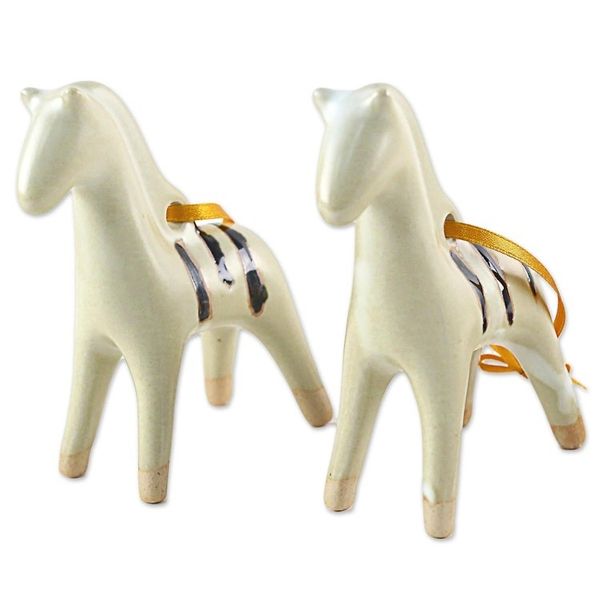 Alternate image for Handmade Thai Celadon Ceramic Horse Ornaments Pair Poised Pony