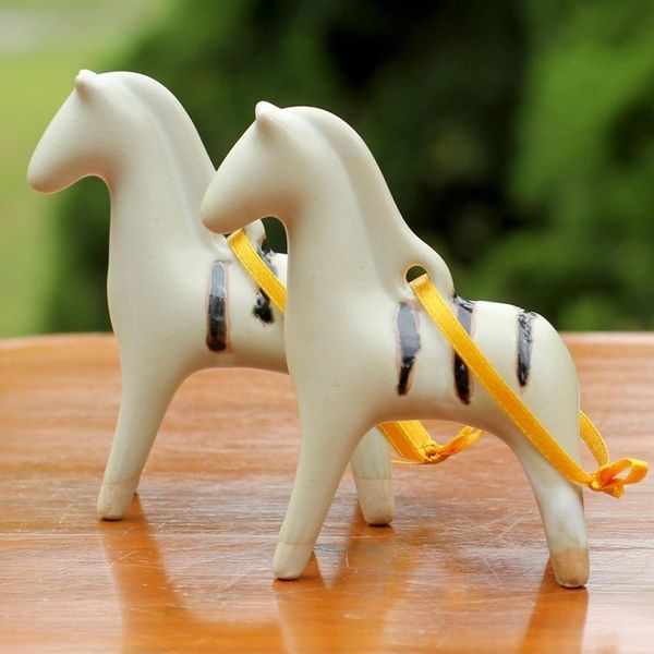 Alternate image for Handmade Thai Celadon Ceramic Horse Ornaments Pair Poised Pony