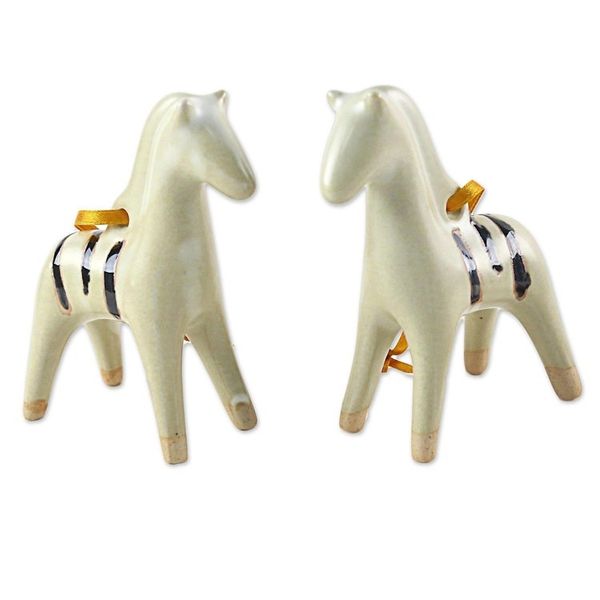 Alternate image for Handmade Thai Celadon Ceramic Horse Ornaments Pair Poised Pony