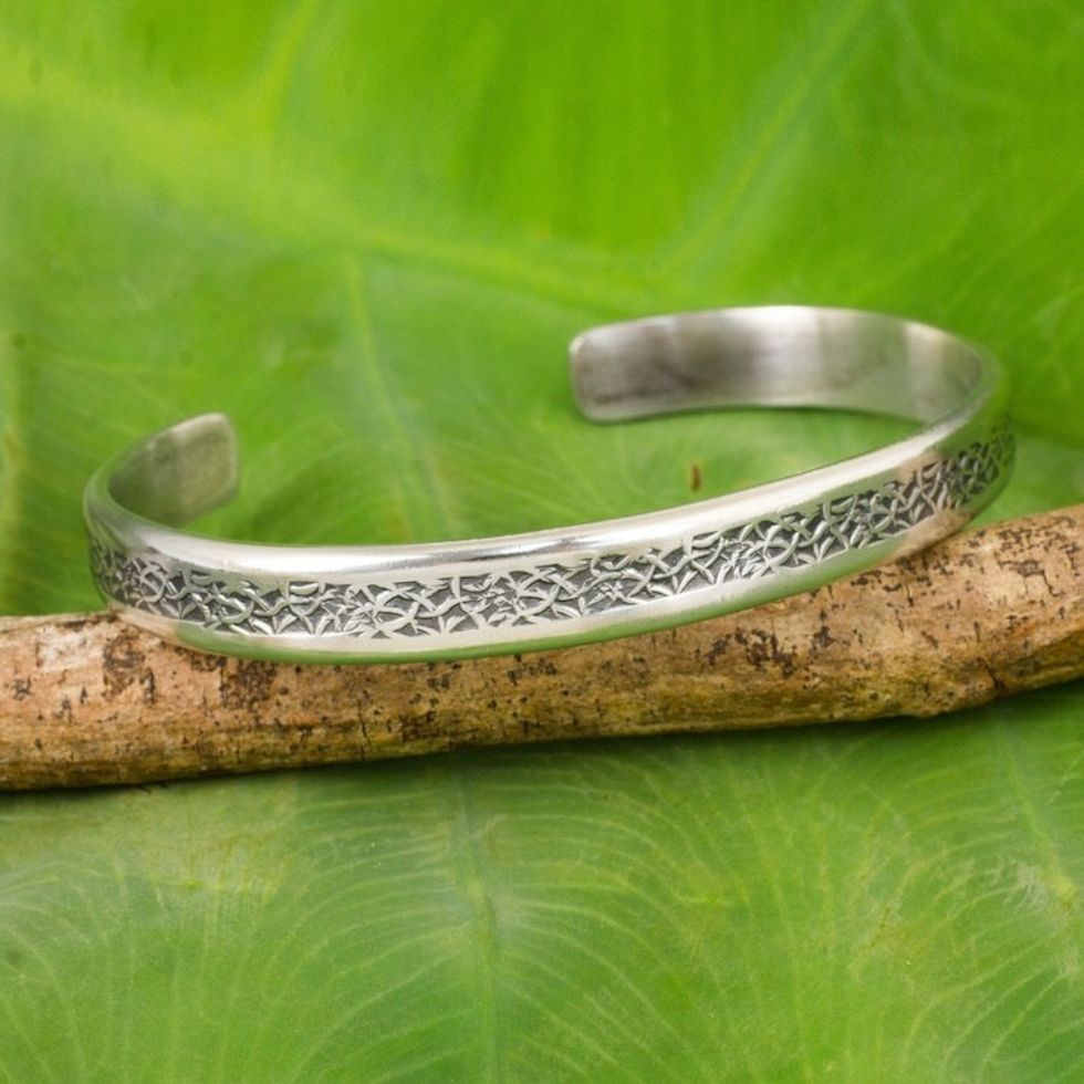 Thailand Sterling Silver Free Trade Cuff Bracelet 'Forest Footpaths'