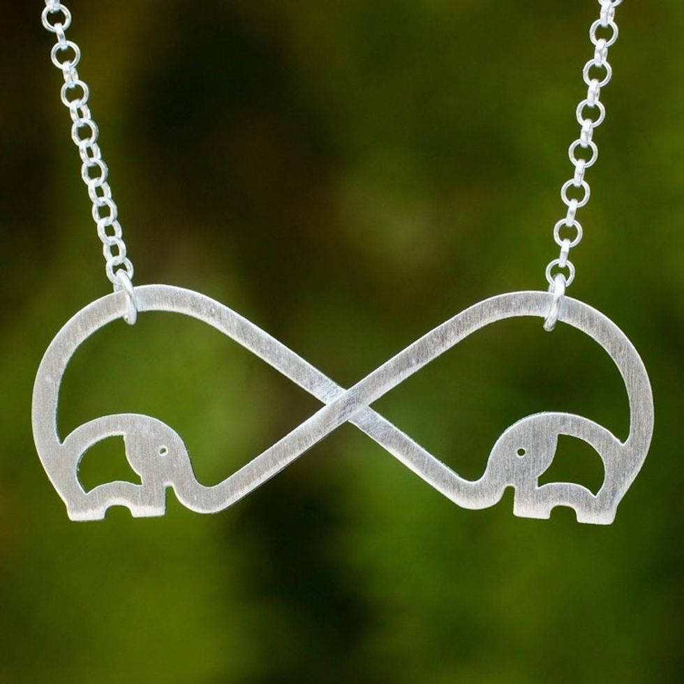 Brushed Sterling Silver Handcrafted Elephant Necklace 'Infinity Elephant'