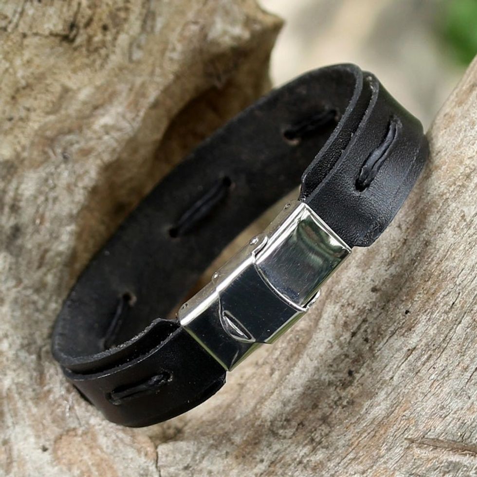 Hand Crafted Black Leather Wristband Bracelet from Thailand 'Roadside Stroll in Black'